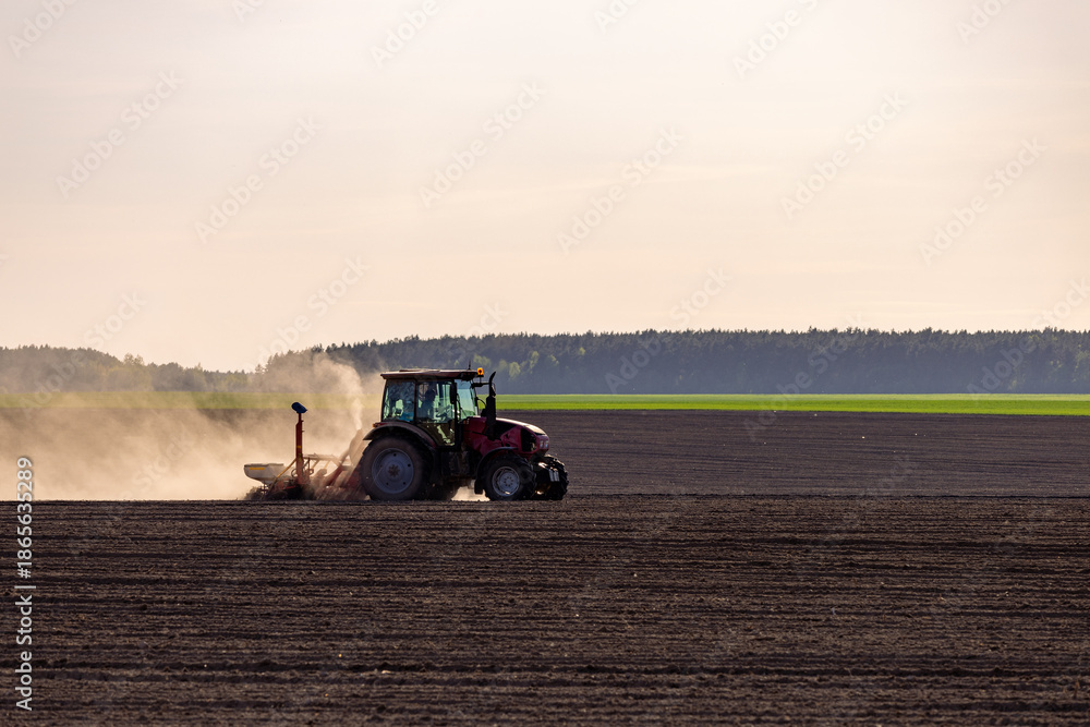 Fototapeta premium Tractor plowing field at sunset. Red tractor plowing, cultivating soil. Plow on plowed. Farm tractor on cultivated field for sowing seeds. Grain deal on field cultivation. Plowed field.