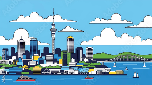 Auckland city postcard vector illustration with waterfront skyline in flat solid colors, clean modern travel poster style designed for tourism and wall decor
