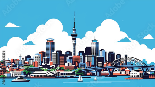 Auckland city postcard vector illustration with waterfront skyline in flat solid colors, clean modern travel poster style designed for tourism and wall decor
