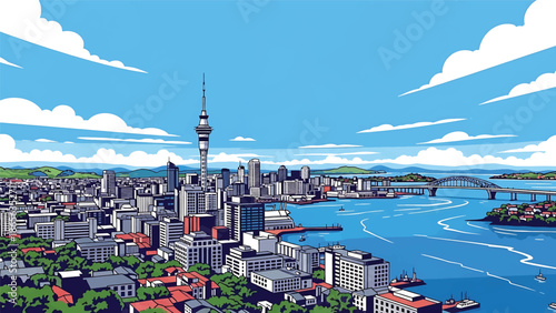 Auckland city postcard vector illustration with waterfront skyline in flat solid colors, clean modern travel poster style designed for tourism and wall decor