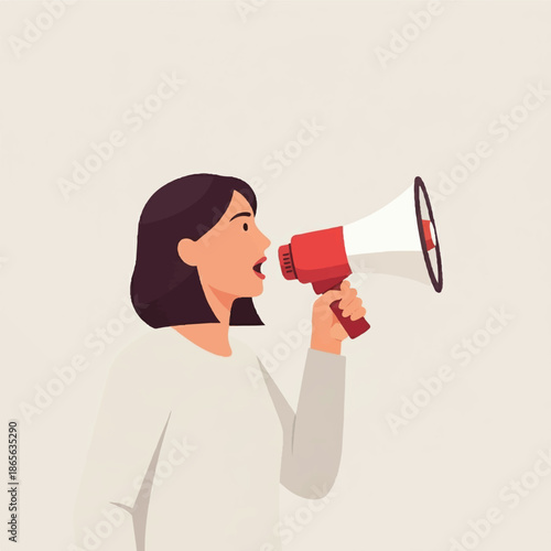 A woman is shouting through a megaphone in a public setting