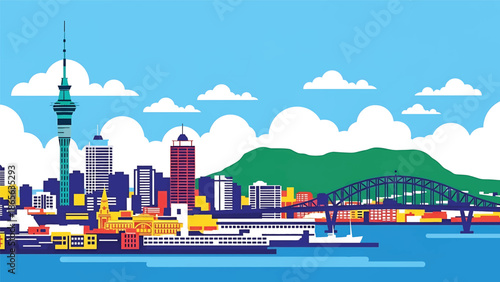 Auckland city postcard vector illustration with waterfront skyline in flat solid colors, clean modern travel poster style designed for tourism and wall decor