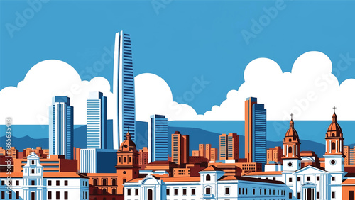 Bogotá city postcard vector illustration with dense urban skyline in flat solid colors, energetic travel poster style designed for tourism, wall art, and branding