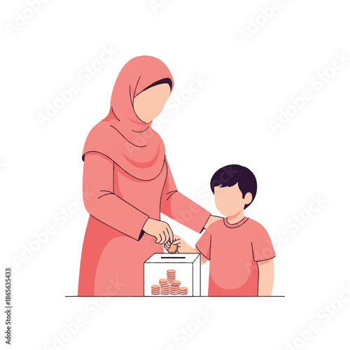 A woman in a hijab and a young boy saving money together in a piggy bank