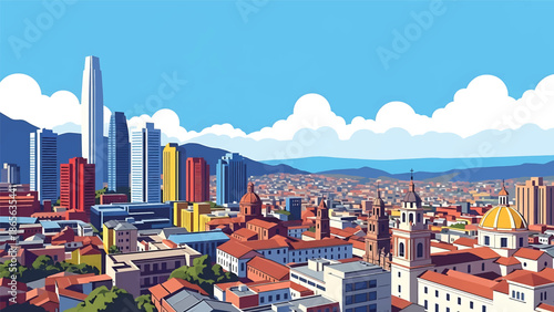 Bogotá city postcard vector illustration with dense urban skyline in flat solid colors, energetic travel poster style designed for tourism, wall art, and branding
