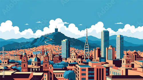 Bogotá city postcard vector illustration with dense urban skyline in flat solid colors, energetic travel poster style designed for tourism, wall art, and branding