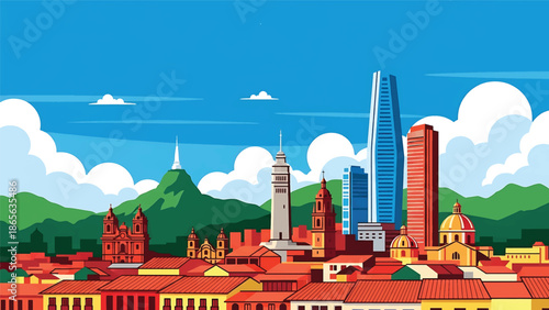 Bogotá city postcard vector illustration with dense urban skyline in flat solid colors, energetic travel poster style designed for tourism, wall art, and branding