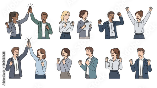 Diverse business professionals celebrating success with gestures