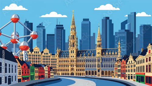 Brussels city postcard vector illustration with classic urban architecture in flat solid colors, elegant travel poster style suitable for tourism, wall art, and print design