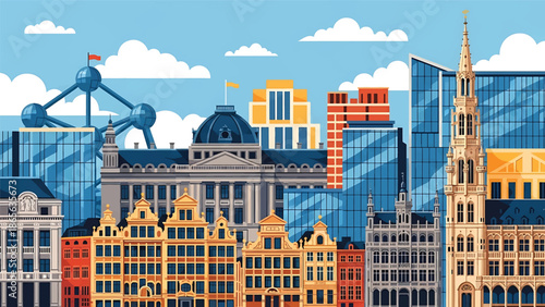 Brussels city postcard vector illustration with classic urban architecture in flat solid colors, elegant travel poster style suitable for tourism, wall art, and print design