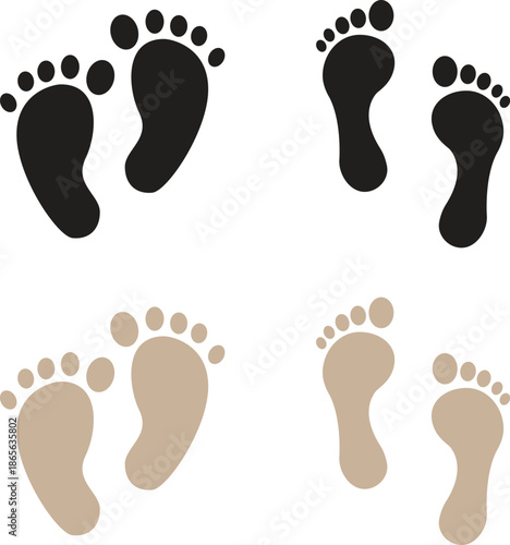 Foot Print Icon set. Foot imprint, footsteps collection. Human footprints silhouette. Barefoot, sneaker and shoes footsteps. Silhouette of barefoot soles with toes, walking steps concept.