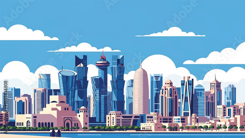 Doha city postcard vector illustration with modern skyline and waterfront in flat solid colors, luxury travel poster style ideal for tourism and corporate branding