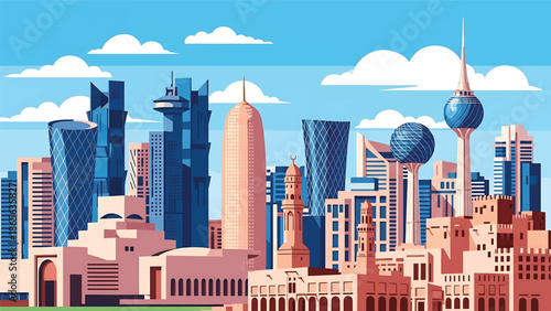 Doha city postcard vector illustration with modern skyline and waterfront in flat solid colors, luxury travel poster style ideal for tourism and corporate branding