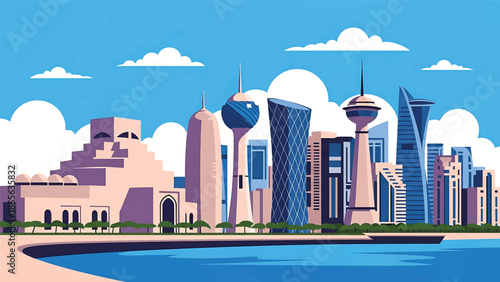 Doha city postcard vector illustration with modern skyline and waterfront in flat solid colors, luxury travel poster style ideal for tourism and corporate branding