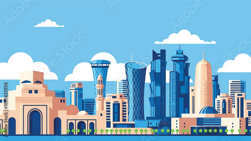 Doha city postcard vector illustration with modern skyline and waterfront in flat solid colors, luxury travel poster style ideal for tourism and corporate branding