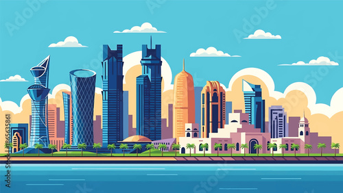 Doha city postcard vector illustration with modern skyline and waterfront in flat solid colors, luxury travel poster style ideal for tourism and corporate branding