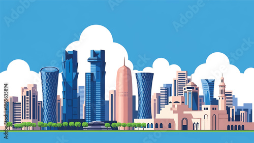 Doha city postcard vector illustration with modern skyline and waterfront in flat solid colors, luxury travel poster style ideal for tourism and corporate branding