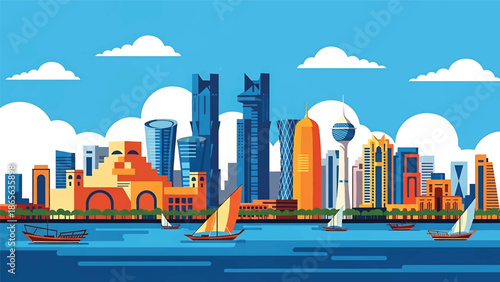 Doha city postcard vector illustration with modern skyline and waterfront in flat solid colors, luxury travel poster style ideal for tourism and corporate branding