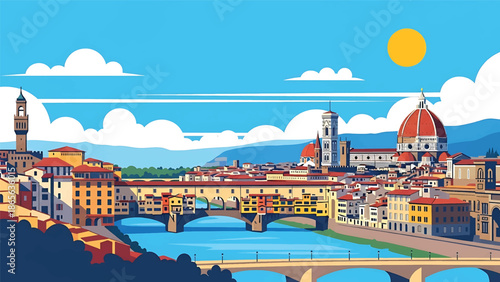Florence city postcard vector illustration with classic skyline and historic architecture in flat solid colors, refined travel poster design for tourism and interior wall art