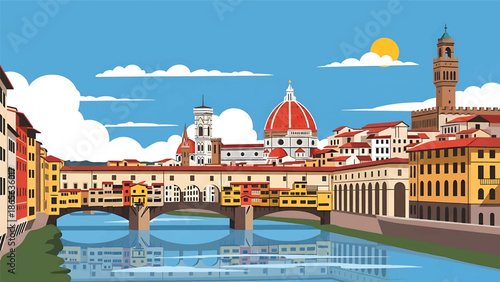 Florence city postcard vector illustration with classic skyline and historic architecture in flat solid colors, refined travel poster design for tourism and interior wall art