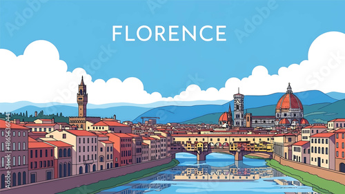 Florence city postcard vector illustration with classic skyline and historic architecture in flat solid colors, refined travel poster design for tourism and interior wall art