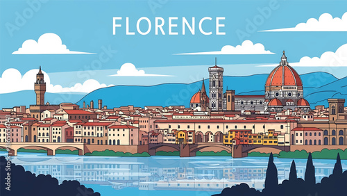 Florence city postcard vector illustration with classic skyline and historic architecture in flat solid colors, refined travel poster design for tourism and interior wall art