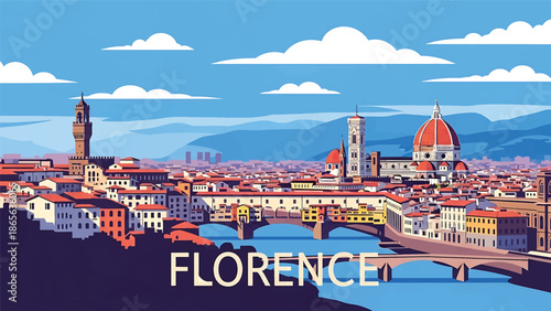 Florence city postcard vector illustration with classic skyline and historic architecture in flat solid colors, refined travel poster design for tourism and interior wall art