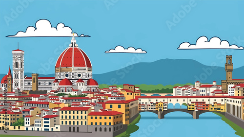 Florence city postcard vector illustration with classic skyline and historic architecture in flat solid colors, refined travel poster design for tourism and interior wall art