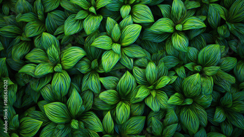 Vibrant Green Lush Plants Texture with Details. Close-up shot of densely packed foliage.
