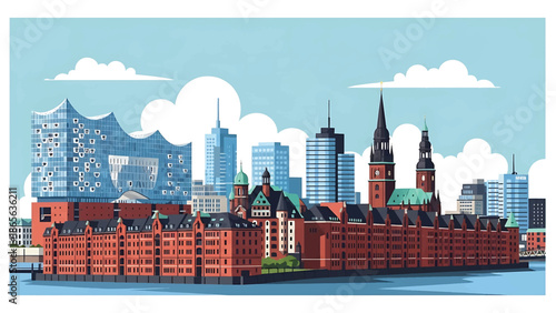 Hamburg city postcard vector illustration with waterfront skyline and modern architecture in flat solid colors, clean travel poster design ideal for tourism and wall decor