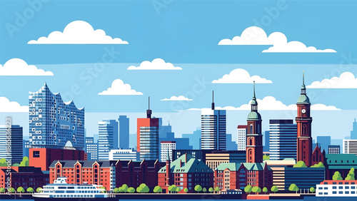 Hamburg city postcard vector illustration with waterfront skyline and modern architecture in flat solid colors, clean travel poster design ideal for tourism and wall decor