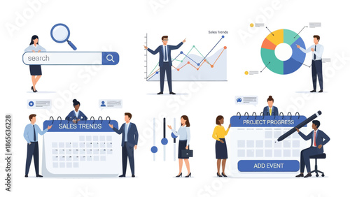 Business professionals analyzing sales trends and project progress