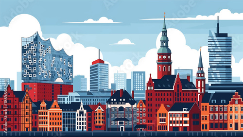 Hamburg city postcard vector illustration with waterfront skyline and modern architecture in flat solid colors, clean travel poster design ideal for tourism and wall decor