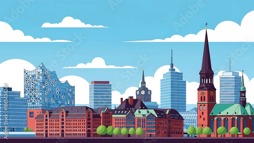 Hamburg city postcard vector illustration with waterfront skyline and modern architecture in flat solid colors, clean travel poster design ideal for tourism and wall decor