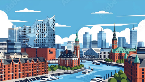 Hamburg city postcard vector illustration with waterfront skyline and modern architecture in flat solid colors, clean travel poster design ideal for tourism and wall decor