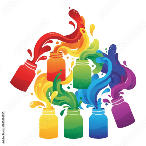 Vibrant paint bottles splashing colorful liquid in a dynamic display of creativity and artistry