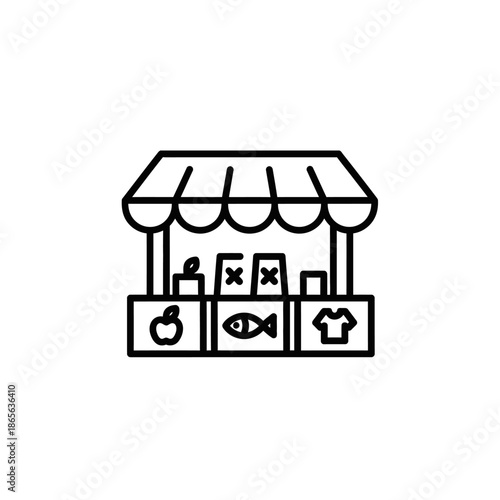 Simple Fish Market Stall Illustration with Fruits and Clothing Items