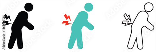 Person Icon Experiencing Lower Back Pain. Minimal icon illustration of a person holding the lower back, blue, representing pain, injury, or spinal discomfort for health and medical concepts.

