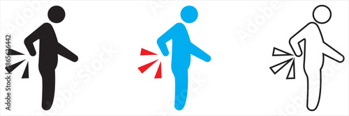 Person Icon Experiencing Lower Back Pain. Minimal icon illustration of a person holding the lower back, blue, representing pain, injury, or spinal discomfort for health and medical concepts.

