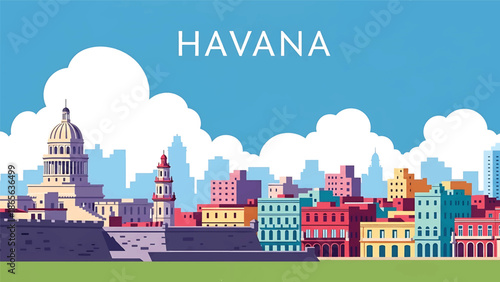 Havana city postcard vector illustration with colorful historic streets in flat solid colors, retro travel poster style perfect for tourism, souvenirs, and wall decor