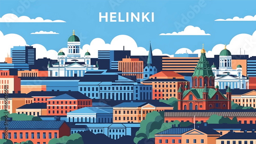 Helsinki city postcard vector illustration with coastal skyline and clean architecture in flat solid colors, modern travel poster design for tourism and branding