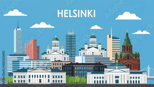 Helsinki city postcard vector illustration with coastal skyline and clean architecture in flat solid colors, modern travel poster design for tourism and branding