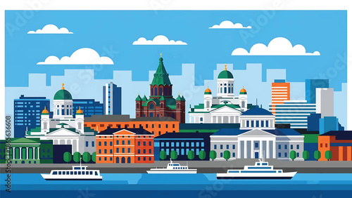 Helsinki city postcard vector illustration with coastal skyline and clean architecture in flat solid colors, modern travel poster design for tourism and branding