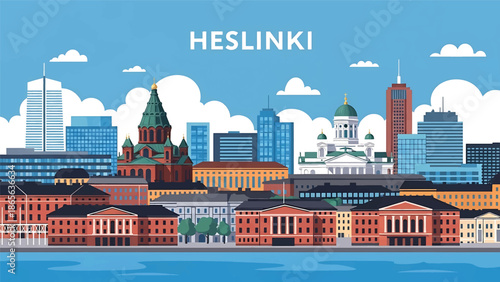 Helsinki city postcard vector illustration with coastal skyline and clean architecture in flat solid colors, modern travel poster design for tourism and branding