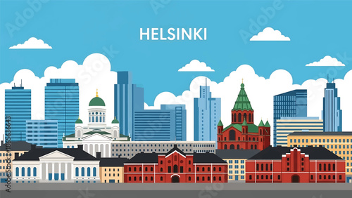 Helsinki city postcard vector illustration with coastal skyline and clean architecture in flat solid colors, modern travel poster design for tourism and branding