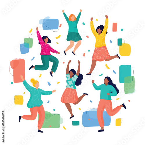 Group of people jumping in the air with colorful shapes and confetti around them in a celebratory atmosphere