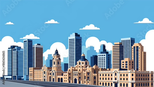 Las Vegas city postcard vector illustration with vibrant skyline and entertainment landmarks in flat solid colors, bold modern style perfect for travel posters, tourism ads, and wall decor