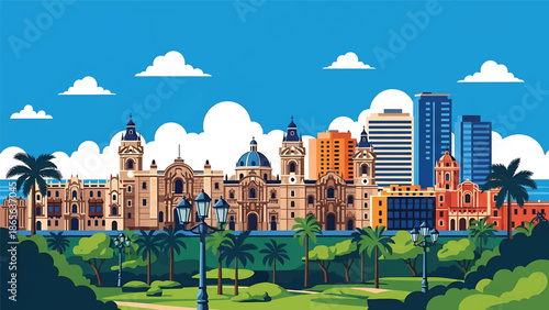 Lima city postcard vector illustration with coastal skyline and urban architecture in flat solid colors, modern travel poster design for tourism and commercial use