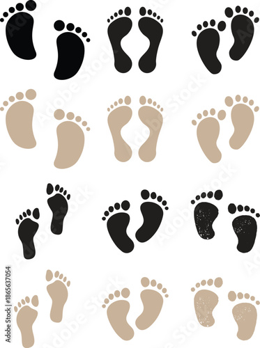 Foot Print Icon set. Foot imprint, footsteps collection. Human footprints silhouette. Barefoot, sneaker and shoes footsteps. Silhouette of barefoot soles with toes, walking steps concept.