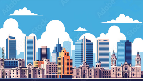Lima city postcard vector illustration with coastal skyline and urban architecture in flat solid colors, modern travel poster design for tourism and commercial use